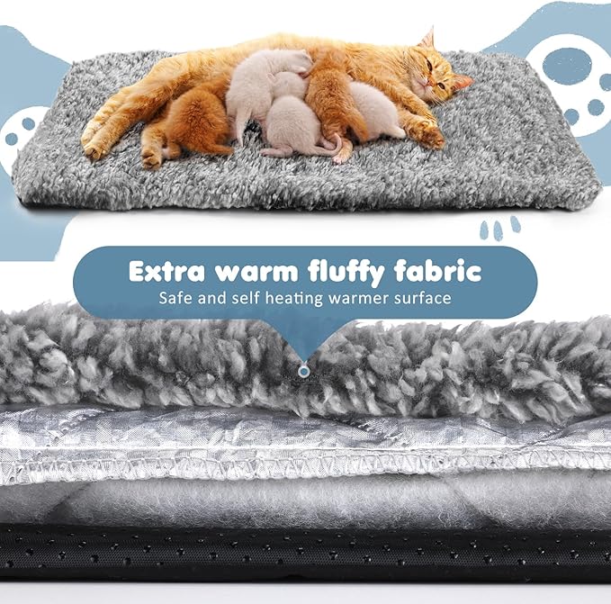 6 Pack Self Warming Cat Pads 18 x 24 Inch Self Heating Dog Mats Extra Warm Thermal Pet Bed Washable Pet Crate Mat Blanket Removable Cover Non Slip for Indoor Outdoor (Grey)