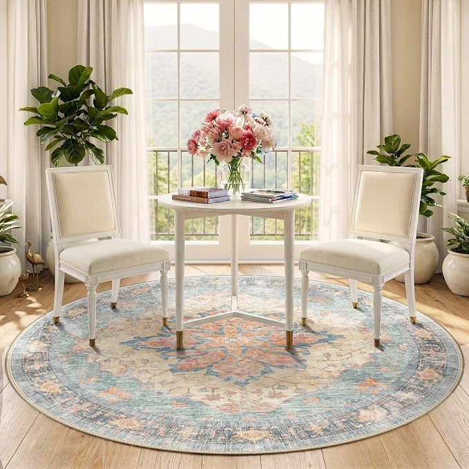 RELEANY Area Rugs Round 5ft Washable Non-Slip, Floral Vintage Distress