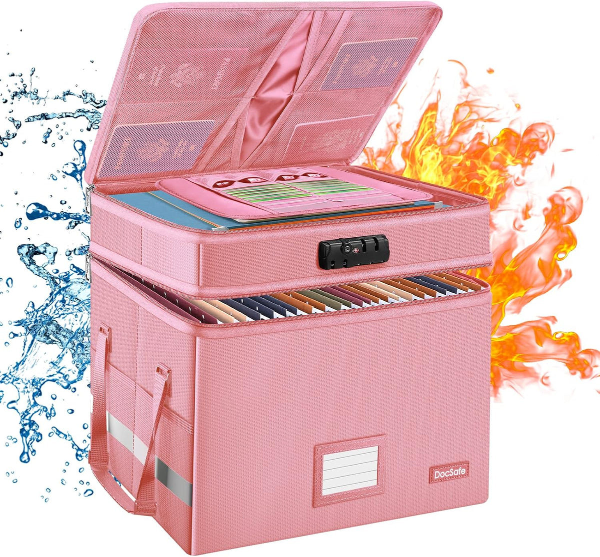 DocSafe File Box with Lock,Multi-Layer Fireproof Document Box Collapsible File Storage Organizer with Pockets/Handle,Large Portable Home Office Filing Safe for Hanging Letter/Legal Size Folders,Pink