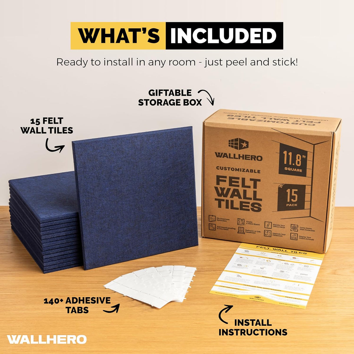 WALLHERO Large Cork Board Alternative | 15 Pack | Sizing Up to 59”x36”, Felt Wall Tiles, Office Wall Decor, Large Cork Boards for Walls, Corkboard, Cork Board for Office, Pin Board, Blue