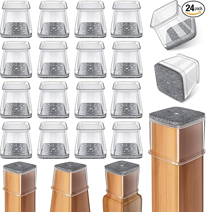 Ansible 24 Pcs Chair Leg Floor Protectors Square, Silicone Felt Furniture Leg Pads Caps Covers for Hardwood Floors (Fit:3/4" to 1")