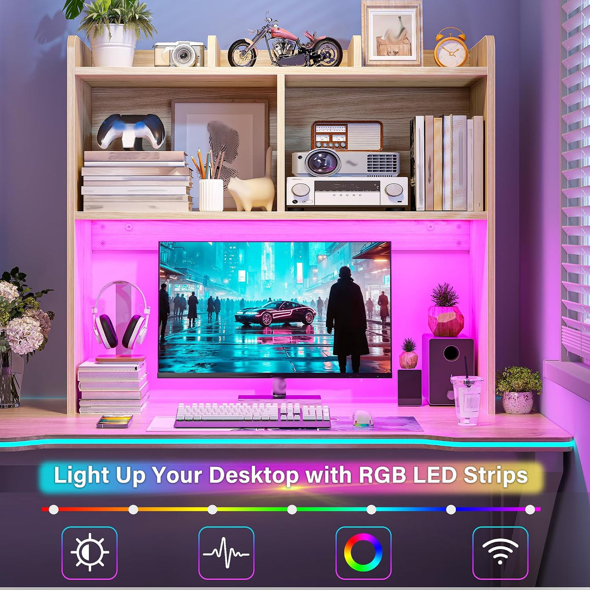 REIBII 3 Tier Desk Hutch, 6 Shelves to Storage, LED Desktop Shelf