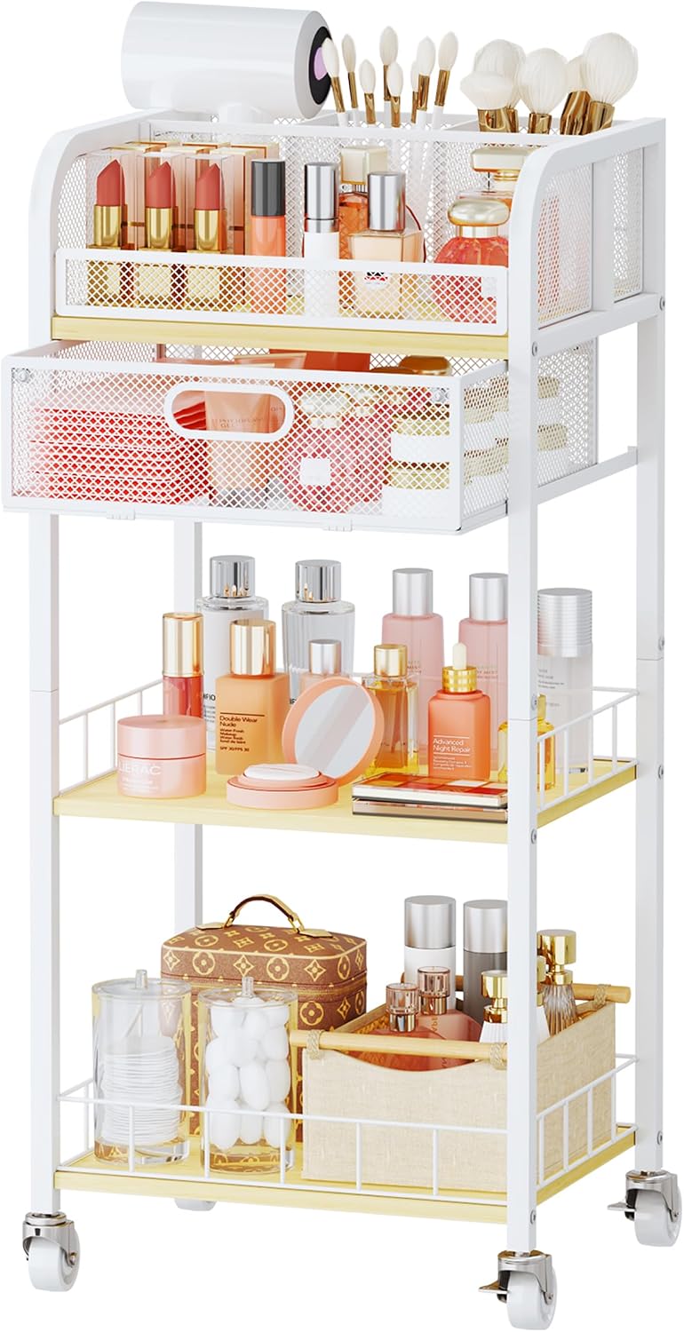 HapiRm Makeup Organizer Storage Cart - Floor Skincare Make Up Organizers with 4 Drawers, Rolling Makeup Cart Vanity Organizer Cosmetics Display Cases Holder for Skin Care Nail Polish Pure White