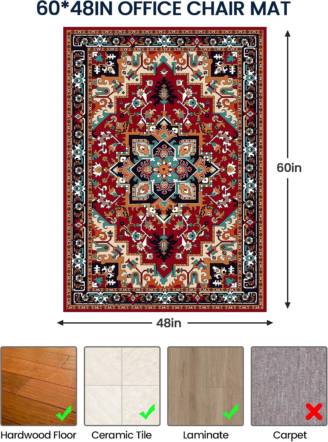 Office Chair Mat for Hardwood Floor 48"x60" ：Machine Washable Burgundy Red