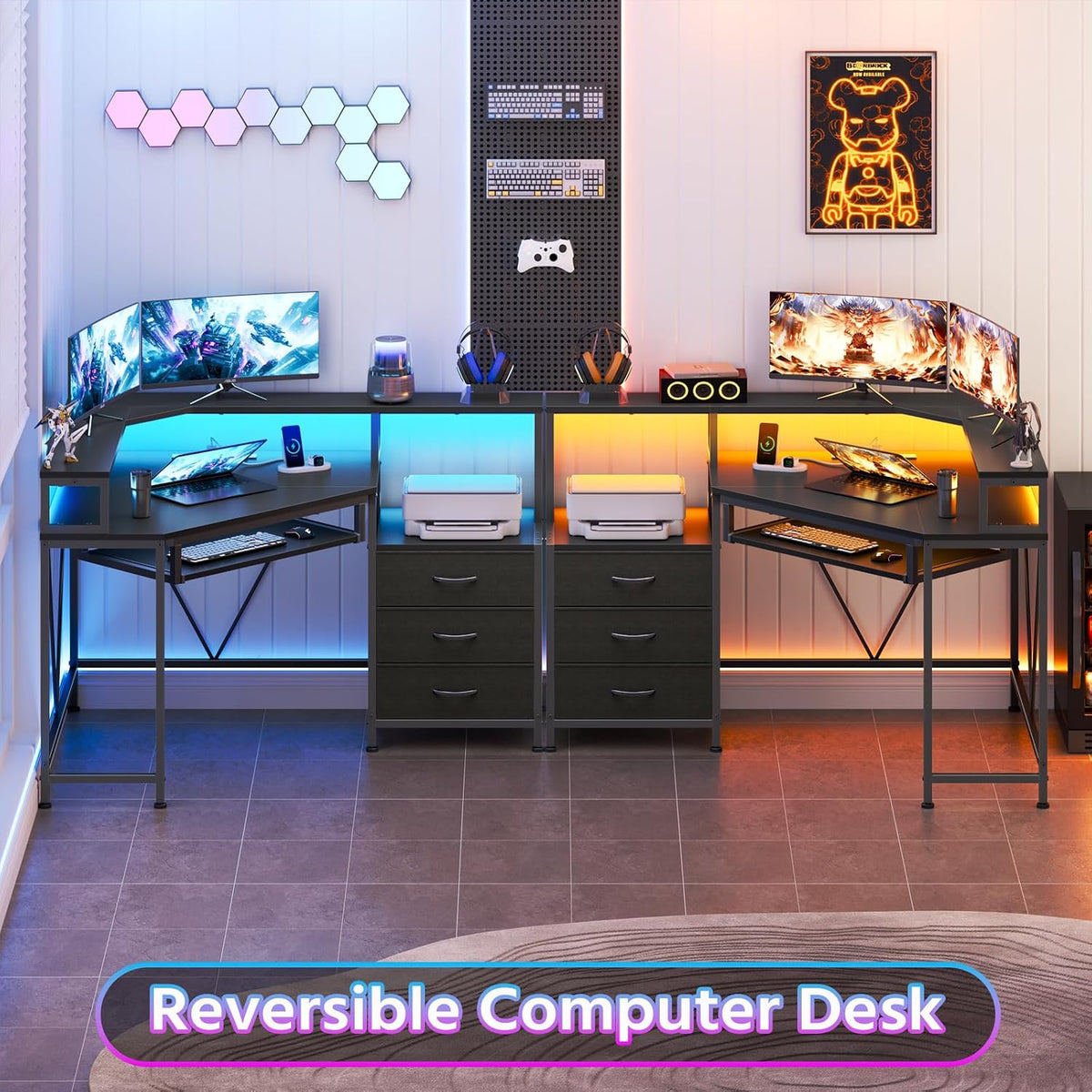 47" Corner Desk with Drawers, Power Outlets ＆ Printer Shelf for Small Space