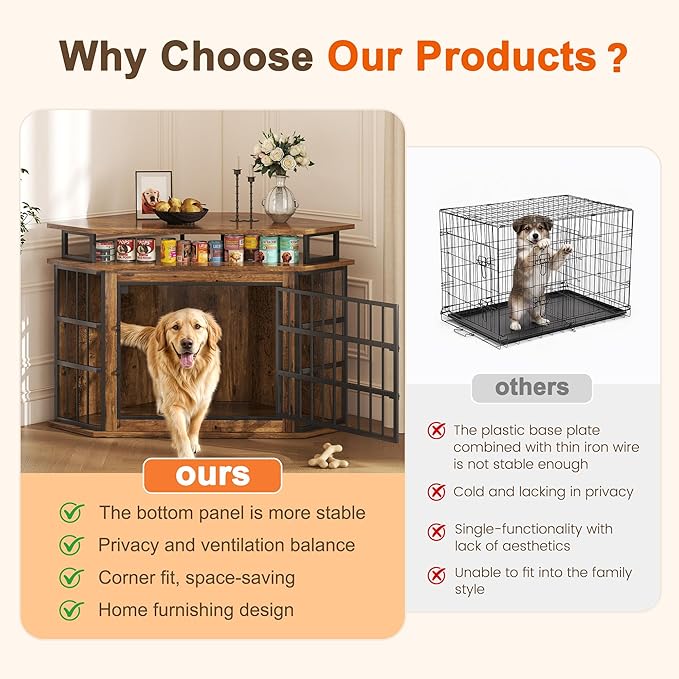 Corner Dog Crate Furniture with 2-Tier Shelves，51" Large Dog Kennel with Storage Indoor Wooden TV Stand, Modern Dog Cage Decorative Pet House, Rustic Brown