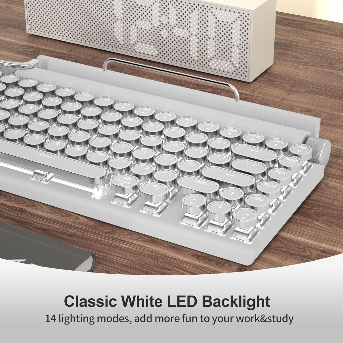 Retro Typewriter Wireless Mechanical Gaming Keyboard, Bluetooth 5.0 Office Computer Vintage Keyboards 83-Key Blue Switches Punk Round Keycap, LED Backlight, Compatible with PC/Laptop/Pad/Phone, White