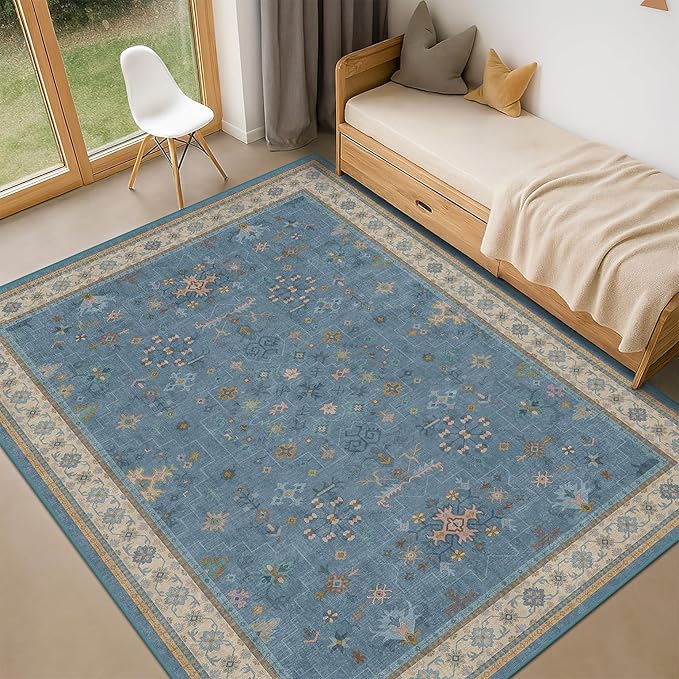 Washable 5x7 Blue Rugs for Kids Room, Boho 5 x 7 Nursery Rug Boys, Colorful