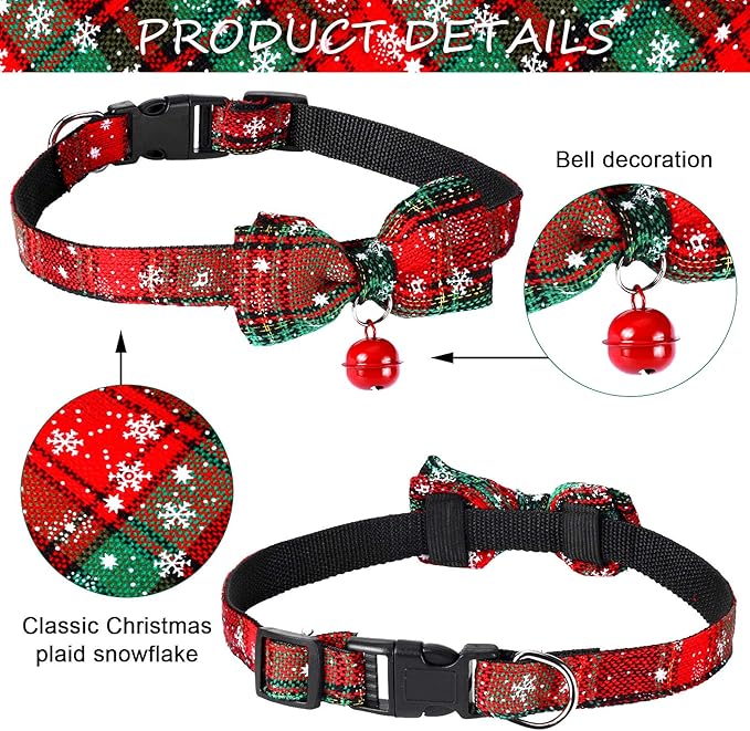 4 Pieces Christmas Dog Bandanas and Collars Set Xmas Christmas Classic Plaid Dog Neck Tie Triangle Bib Scarf Kerchief Adjustable PET Bow Tie with Safety Bell Costume for Cat(L,Stylish Style)
