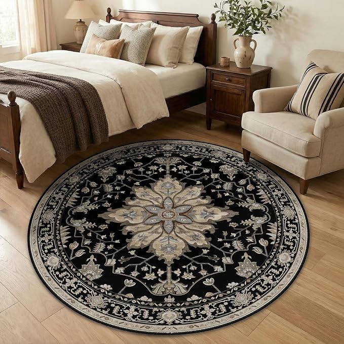 RELEANY Area Rugs Round 5ft Washable Non-Slip, Floral Vintage Distress