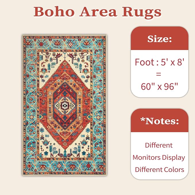 SERISSA 5x8 Area Rugs for Living Room, Large Washable Non-Slip Boho Rug