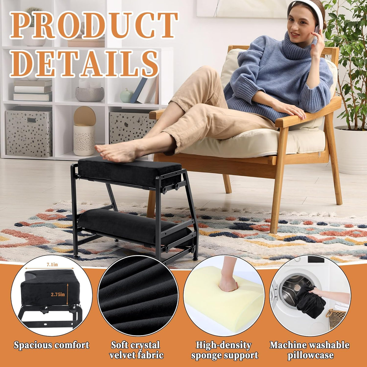 BALAPET Adjustable Double Step Footrest, High-Density Foam with Sturdy Iron Frame Foot Rest Under Desk for Office, Ergonomic Footrest with Washable Cover for Desk Work, Home,Patented Design(Black)