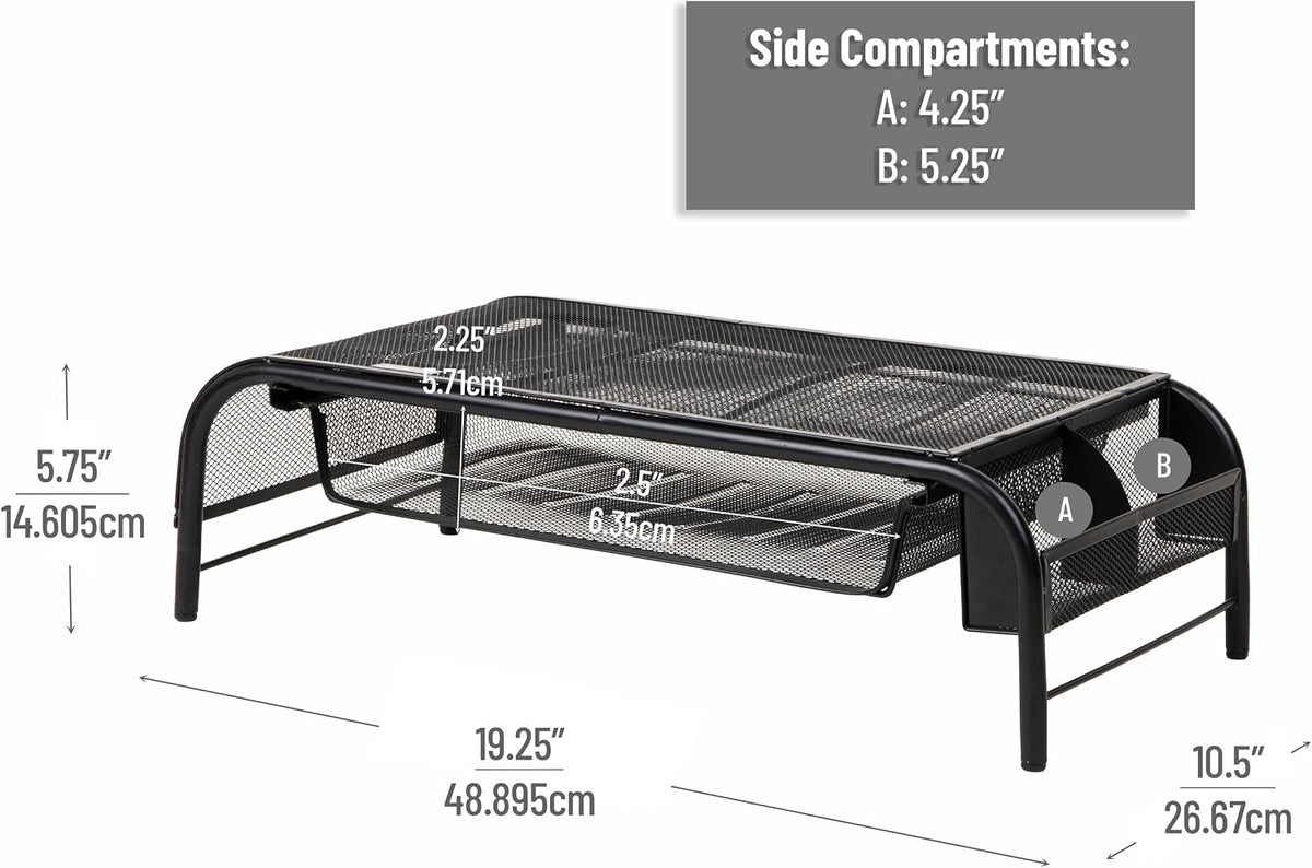 Mind Reader Monitor Stand, Ventilated Laptop Riser, Paper Tray, Office, Metal Mesh, Set of 2, Black