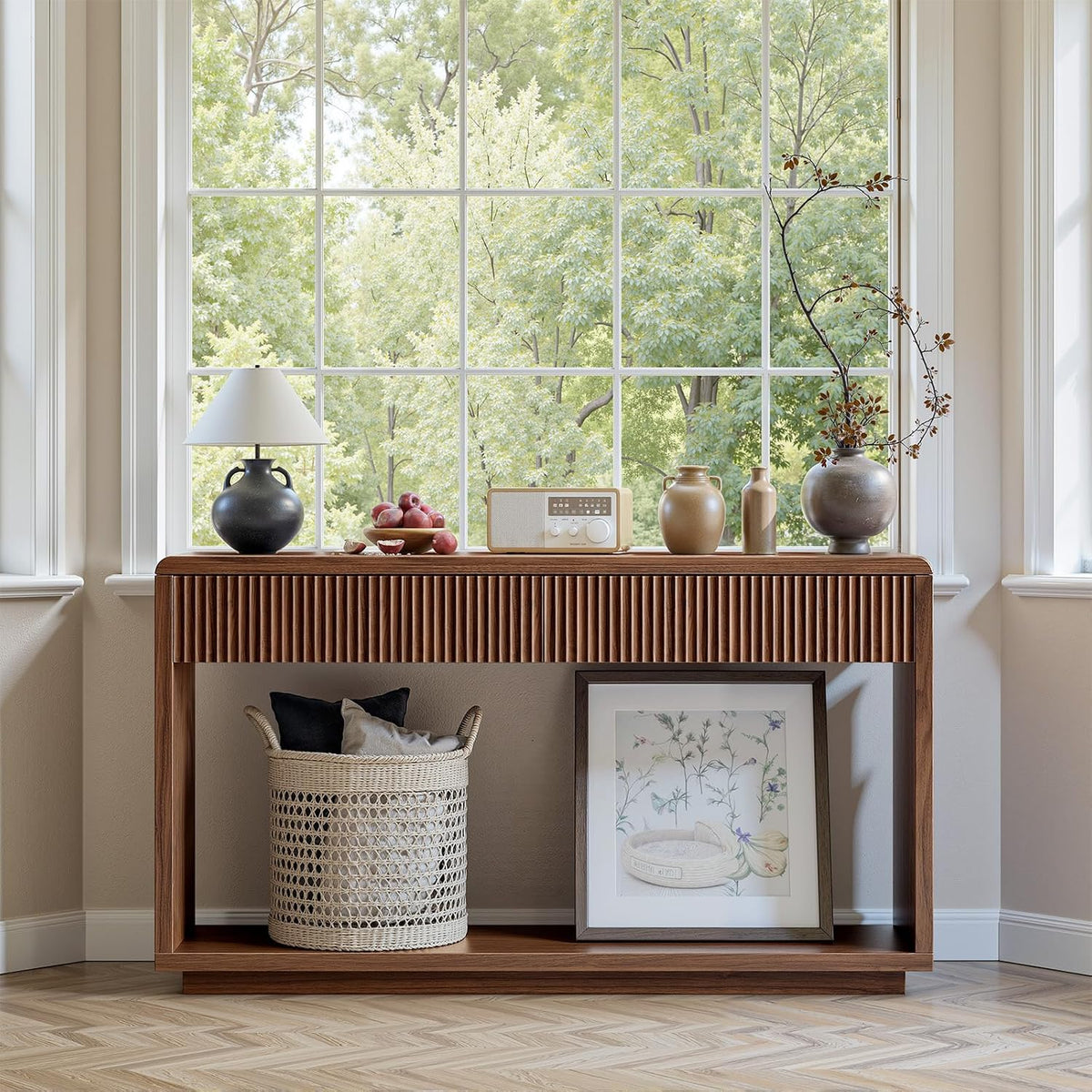 Evermagin 59'' Walnut Console Table with Drawers, Sofa Table with Storage