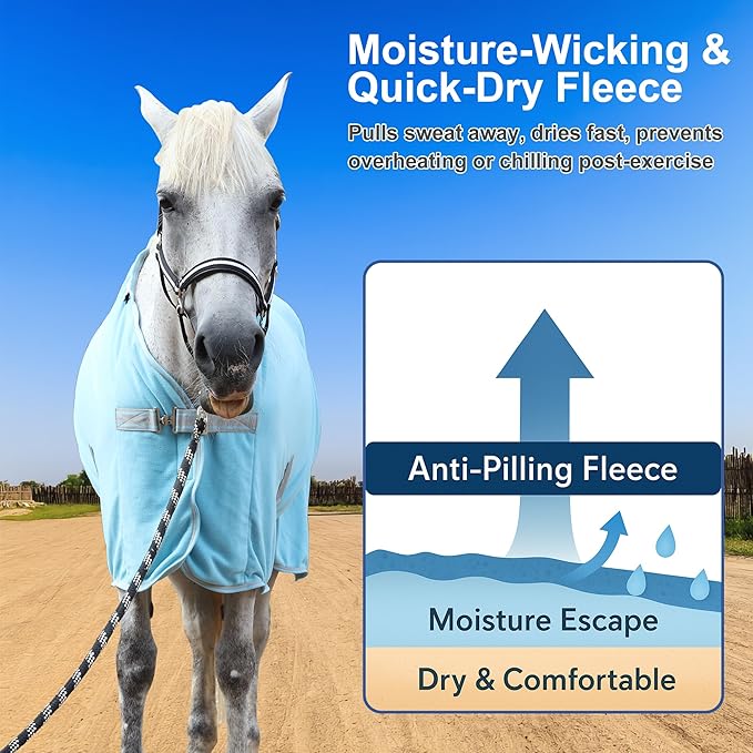 Horse Fleece Cooler, Blanket Liner - 300g Anti-Pilling Fleece, Moisture-Wicking, Cooling & Drying for Post-Workout, Bath & Travel, Prevent Overheating & Chilling Lightblue 81