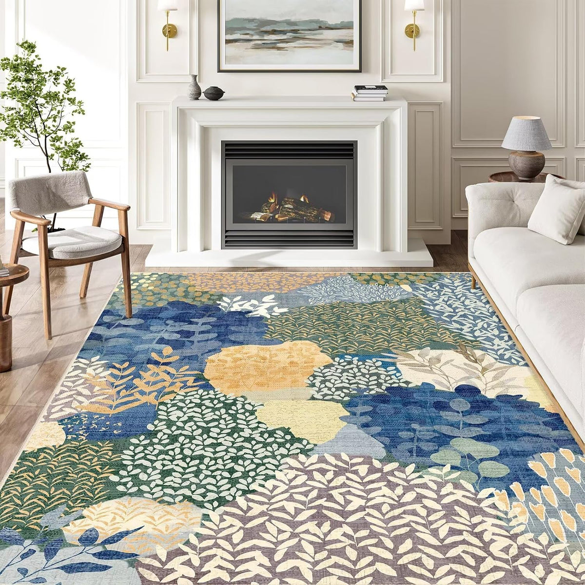 DEXDE 5x7 Area Rugs Washable Boho Carpet Floral for Living Room Blue