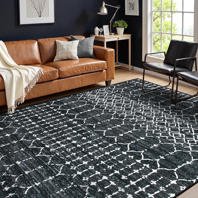 Lahome Moroccan Black 9x12 Rug for Living Room, Washable Non-Slip Ultra-Thin