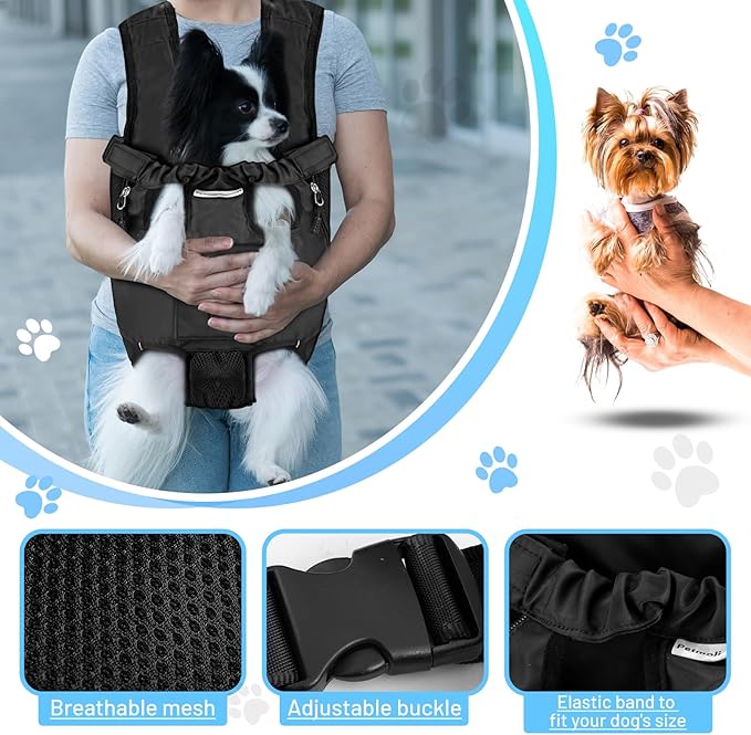 Petmolico Pet Dog Carrier Backpack, Adjustable Dog Legs-Out Front Backpack, Hands-Free Cat Pup Front Carrier Travel Bag, Easy-fit for Traveling Hiking for Small Medium Dogs, XL, Black