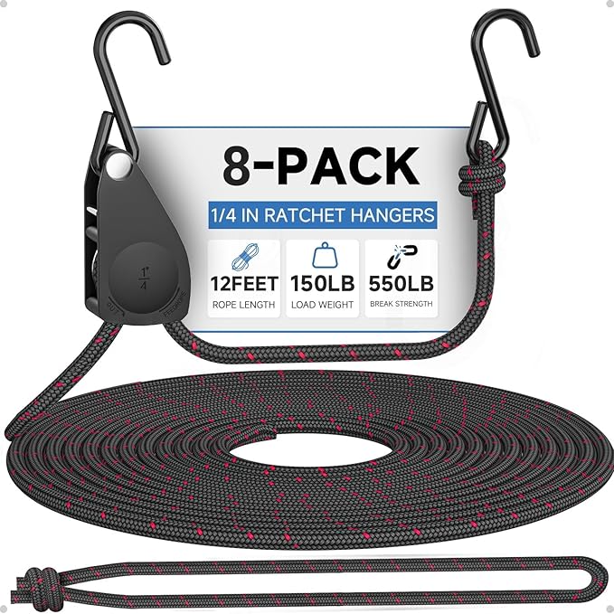 Fondwell 1/4" Retractable Ratchet Straps: 8-Pack Rope Hangers with Protective Soft Loops - Secure Tie Down Ratcheting for Transport