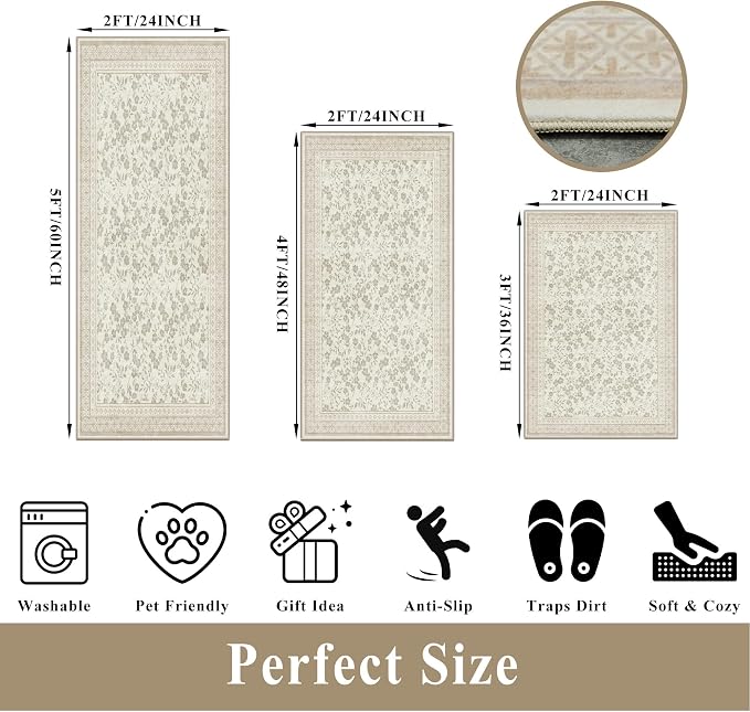 Kitchen Rug Sets 3 Piece, Washable Non-Slip Farmhouse Kitchen Mats