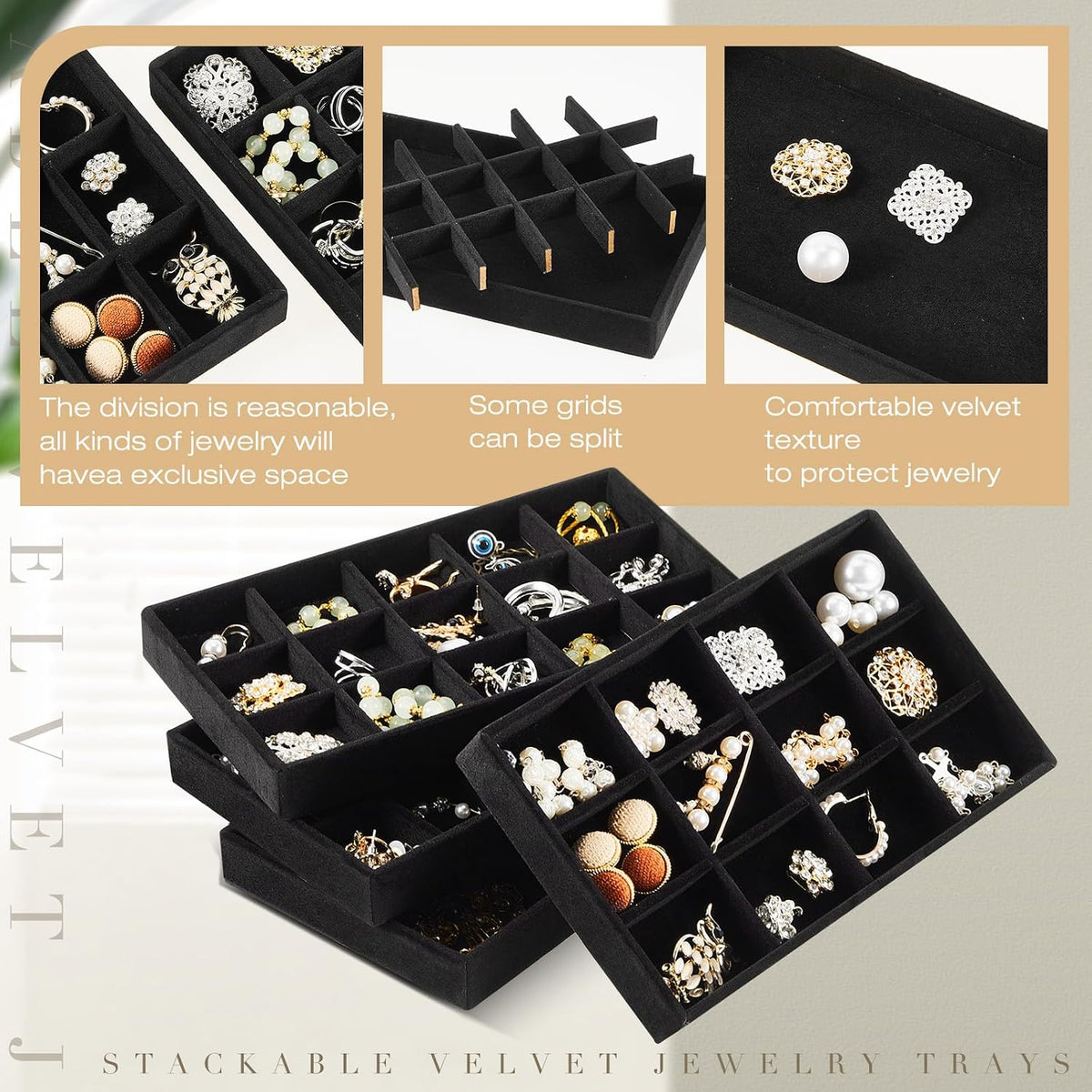 Junkin 12 Pcs Velvet Jewelry Organizer Tray, Stackable Storage