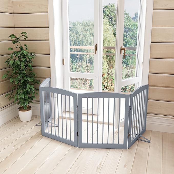 Freestanding Pet Gate for Dogs, Foldable Wooden Dog Gate for House, Indoor Dog Gate for Stair, Doorway, Gates for Dogs Indoor, 80 Inch Wide, 4 Panels 24", Grey