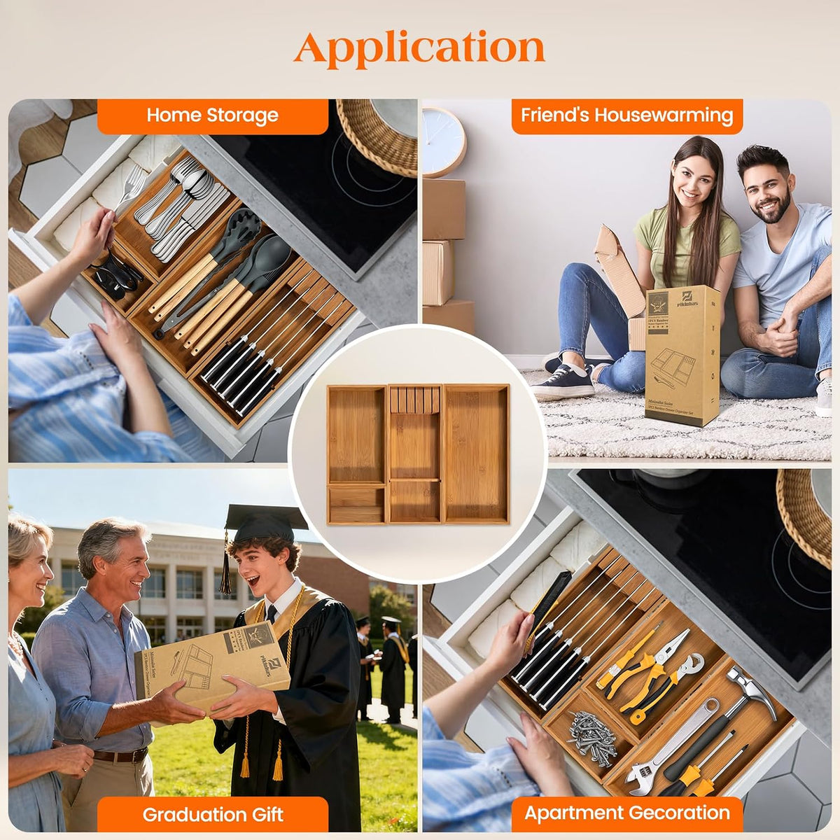 Piklohas Carbonized Bamboo Kitchen Silverwar Drawer Organizer