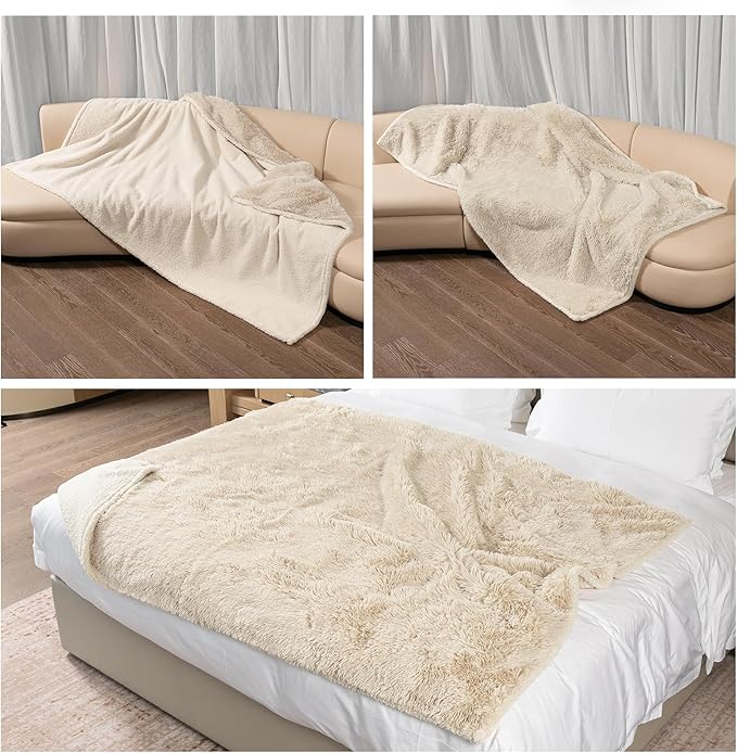 Waterproof Cream Calming Dog Blanket Beige Fluffy Long Faux Fur Pet Throw Blankets for Cats Puppy Couch Sofa Covers Washable Love Bed Cover(Beige,M-57x40in)