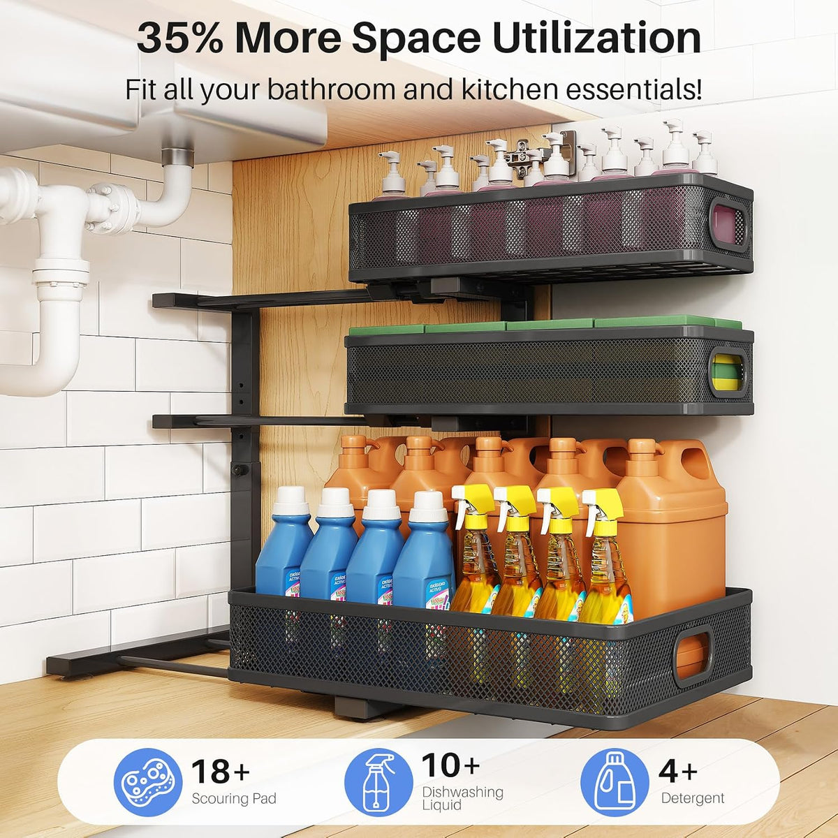 Under Sink Organizer, 3-Tier Thickened Metal Pull out Cabinet Organizer Shelf, Height Adjustable Slide out Storage Drawer Rack for Kitchen Bathroom Pantry Laundry Home Organization, 1-Pack, Black