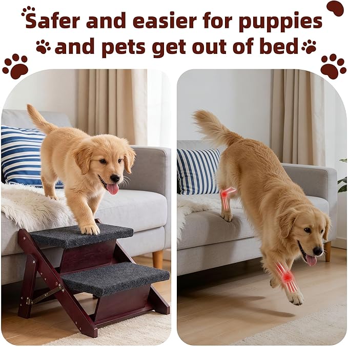 MEWANG Wooden Pet Stairs/Pet Steps - 2-in-1 Foldable Stairs & Ramp for Beds and Cars - Portable Dog/Cat Ladder Up to 110 Pounds - Great for Small and Older Animals(Brown) (17.3" L x 17.24" W x 13" H)