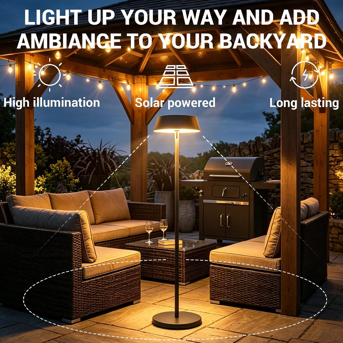 Solar Floor Lamp Outdoor, Waterproof Rechargeable Cordless Light for Patio