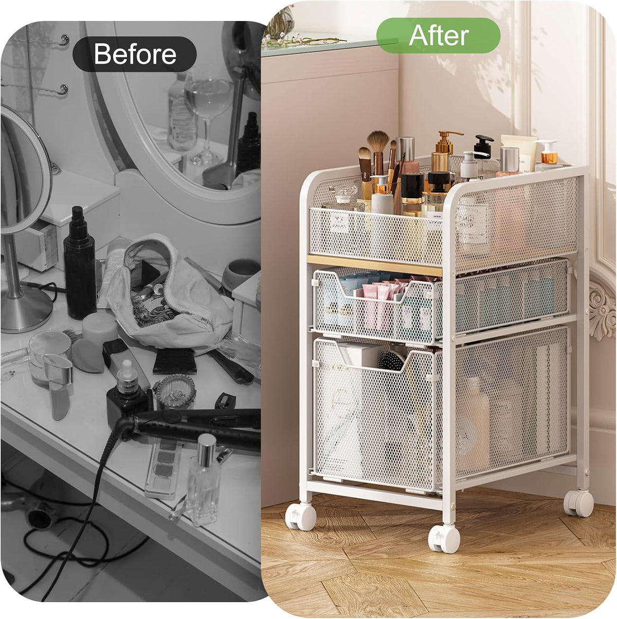 Hongtamoya Rolling Makeup Cart Organizer with 2 Drawers, Under Desk Storage