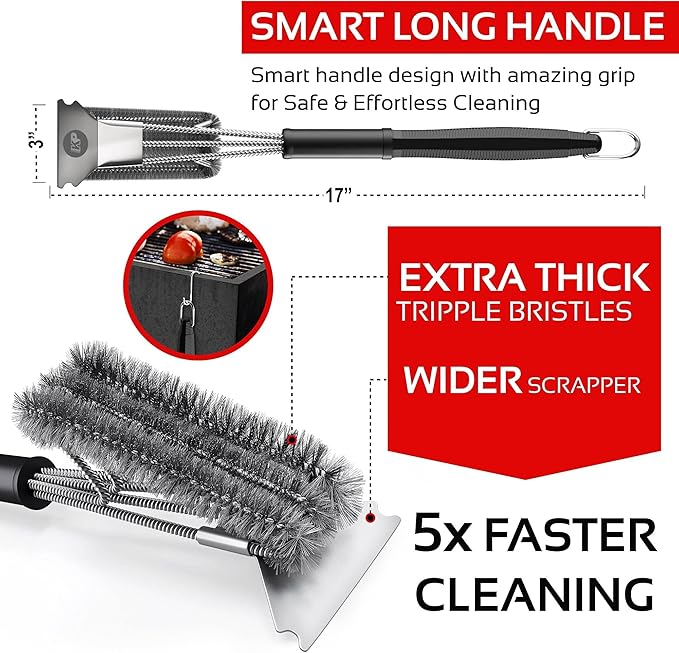 KITCHEN PERFECTION Safe Wire Grill Brush for Outdoor Grill w/Grill Scraper & Grill Mat Grill Cleaning Kit -Extended Handle BBQ Brush for Effortless Grill Cleaning Grill Cleaner Brush Barbecue Tools