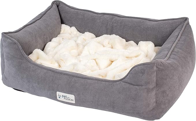 PetFusion Calming Cuddler Dog & Cat Bed | Anti-Anxiety Dog Bed for Medium Dogs & Cats | Loose Blanket Promotes Burrowing (Dogs) & Kneading (Cats) | CertiPUR-US Memory Foam | Grey/Ivory
