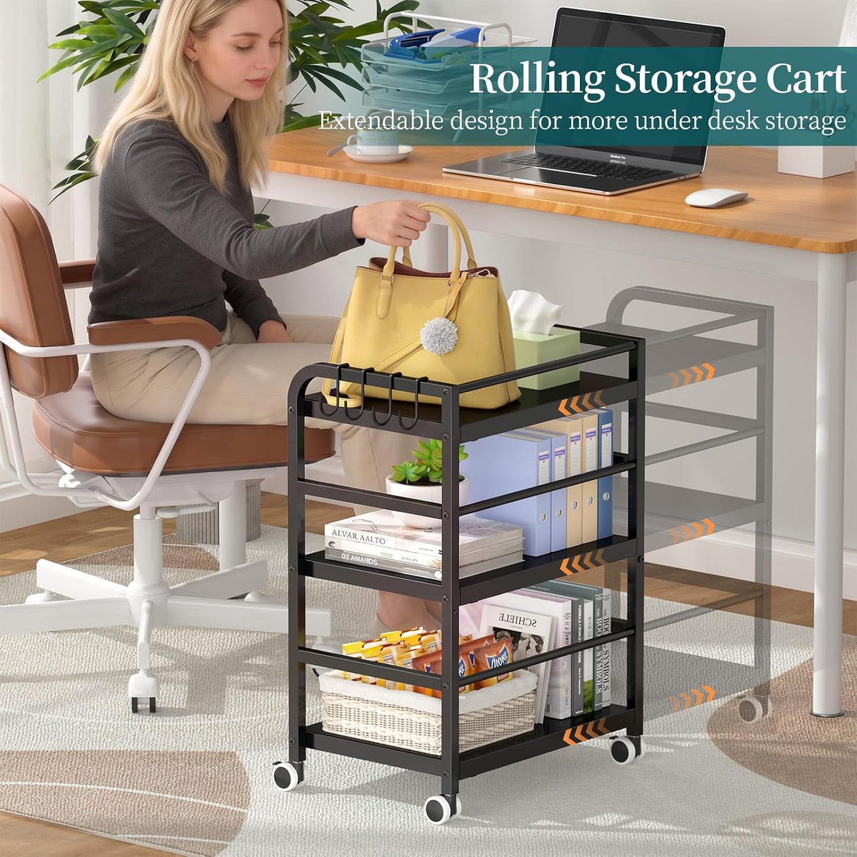 DAOUTIME 3-Tier Expandable Rolling Cart, Pantry Storage Cart with Wheels, Adjustable Rolling Pantry Floor Organizer, Metal Under Desk Cart, Can Storage & Snack Organizer for Kitchen Pantry, Black
