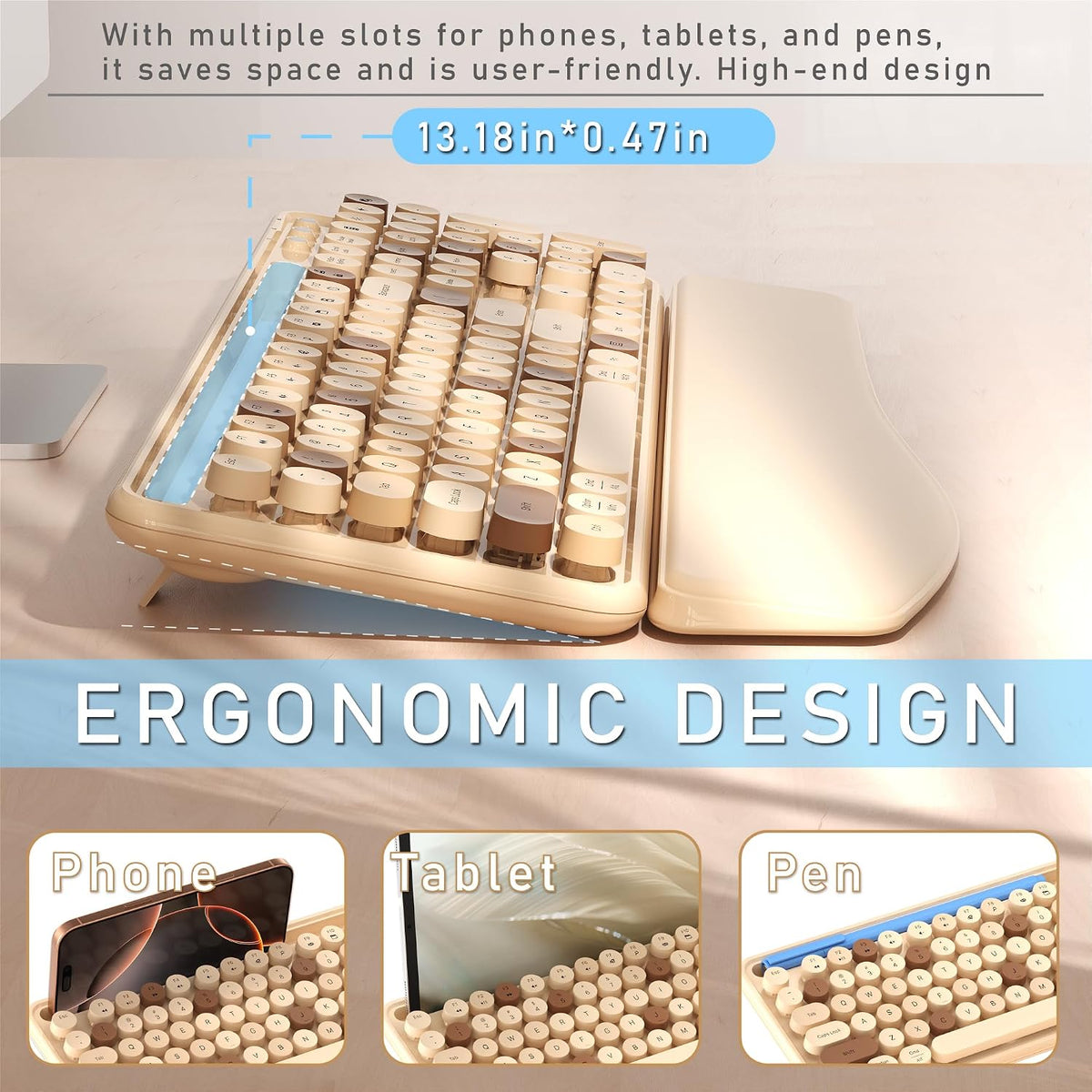 Wireless Keyboard and Mouse Combo with Phone Holder (Milk Tea)