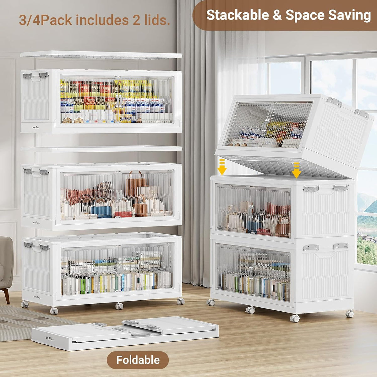 BROVIEW 1360Qt Stackable Storage Bins with Lid for Home Dorm, 4Pack White