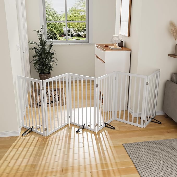 Dog Gate 32" Tall Freestanding Dog Gate for Doorways Foldable Pet Gate for Dogs Indoor (White,6 Panel)