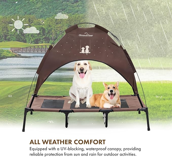 GrandTies Cooling Elevated Dog Bed with Canopy – XL Portable Pet Cot for Outdoor & Indoor Use – Waterproof Removable Shade, Breathable Mesh, Slip-Resistant Feet, Easy Assembly – Coca Mocha