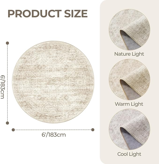 Round Rug 6ft, Washable Circle Rug