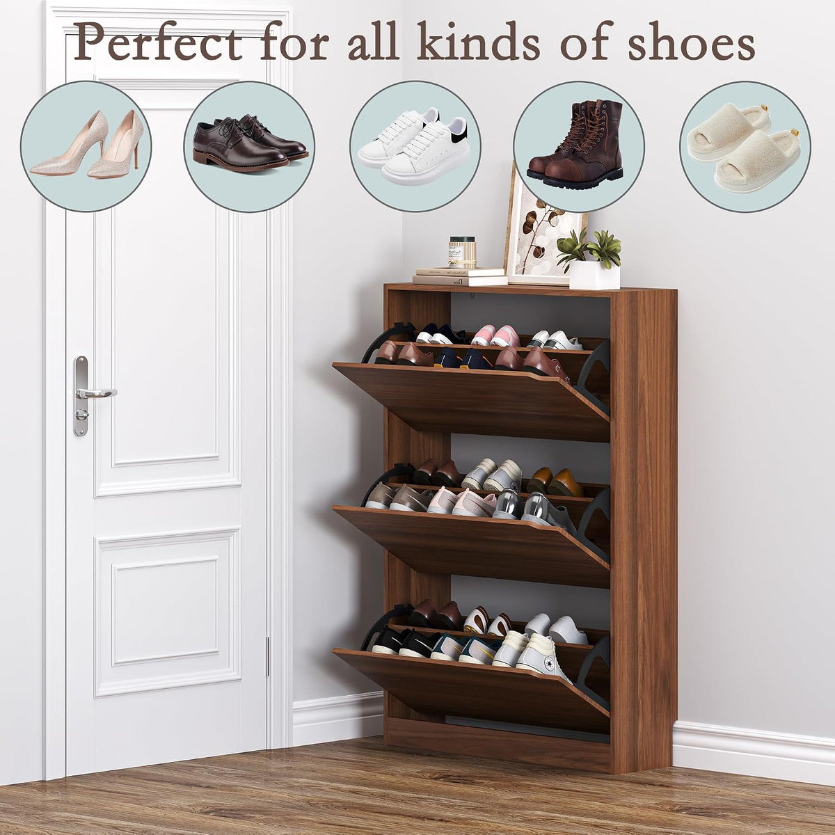 BORNOON Shoe Cabinet with 3 Flip Drawers, Slim Narrow Shoe Storage Cabinet, Freestanding Shoe Organizer with Adjustable & Removable Shelves, Top Display Shelf for Entryway, Hallway, Foyer, Closet