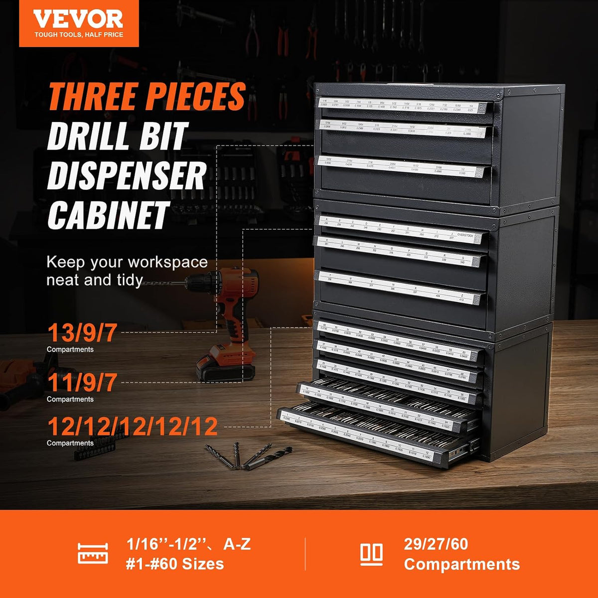 VEVOR Drill Bit Dispenser Cabinet Set, Three-Drawer for 1/16" to 1/2" & Letter Sizes A to Z, Five-Drawer Organizer for Wire Gauge #1 to #60, 3 Pieces