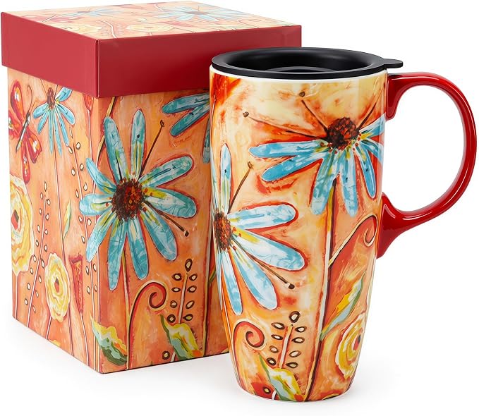Topadorn 17 oz Ceramic Travel Mug, Colorful Floral Coffee Mug