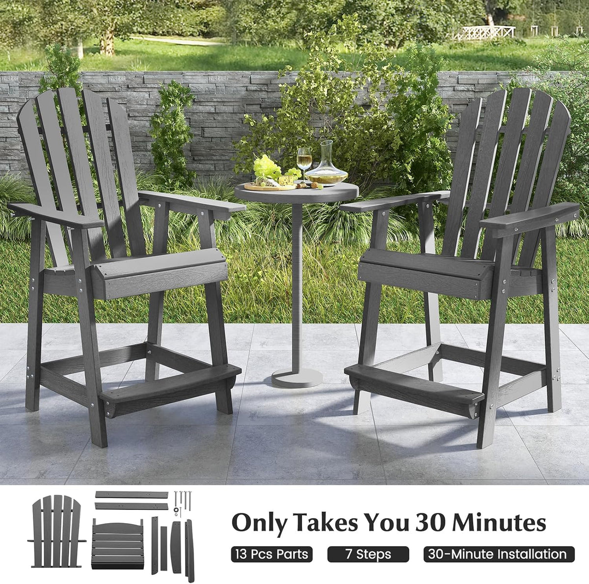 Tangkula Outdoor Bar Stool, HDPE Tall Adirondack Chair with Armrest & Footrest, Weather Resistant 47 Inch Counter Height Barstool Lifeguard Chair for Pool Deck Patio Garden, Balcony Chairs (1, Gray)