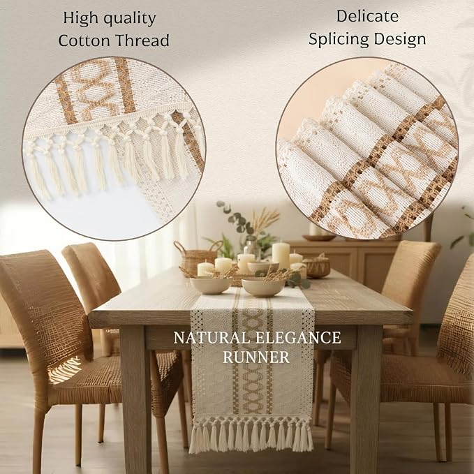 Boho Table Runner for Christmas, Woven Cream & Brown Macrame Dining Table