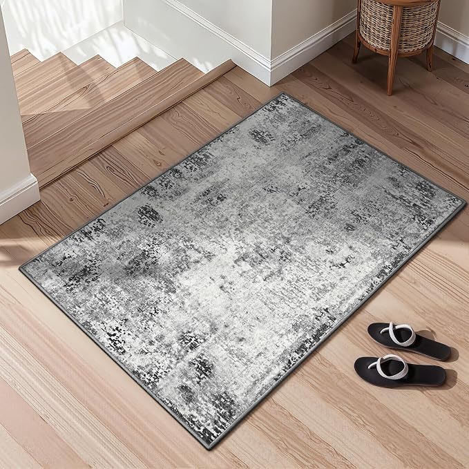 Entrance Rugs Indoor 2x4 Grey Entry Rug Washable Abstract Black Small Area Rug