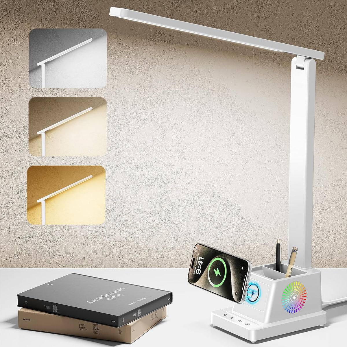 cozoo LED Desk Lamp for Home Office,15W Wireless Charger Pen Holder, White