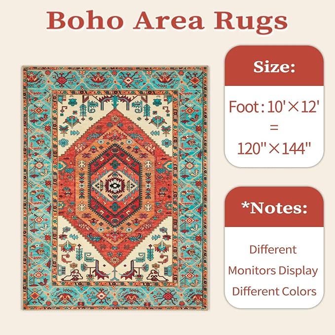SERISSA 10x12 Area Rugs for Living Room, Large Washable Non-Slip Boho Rug