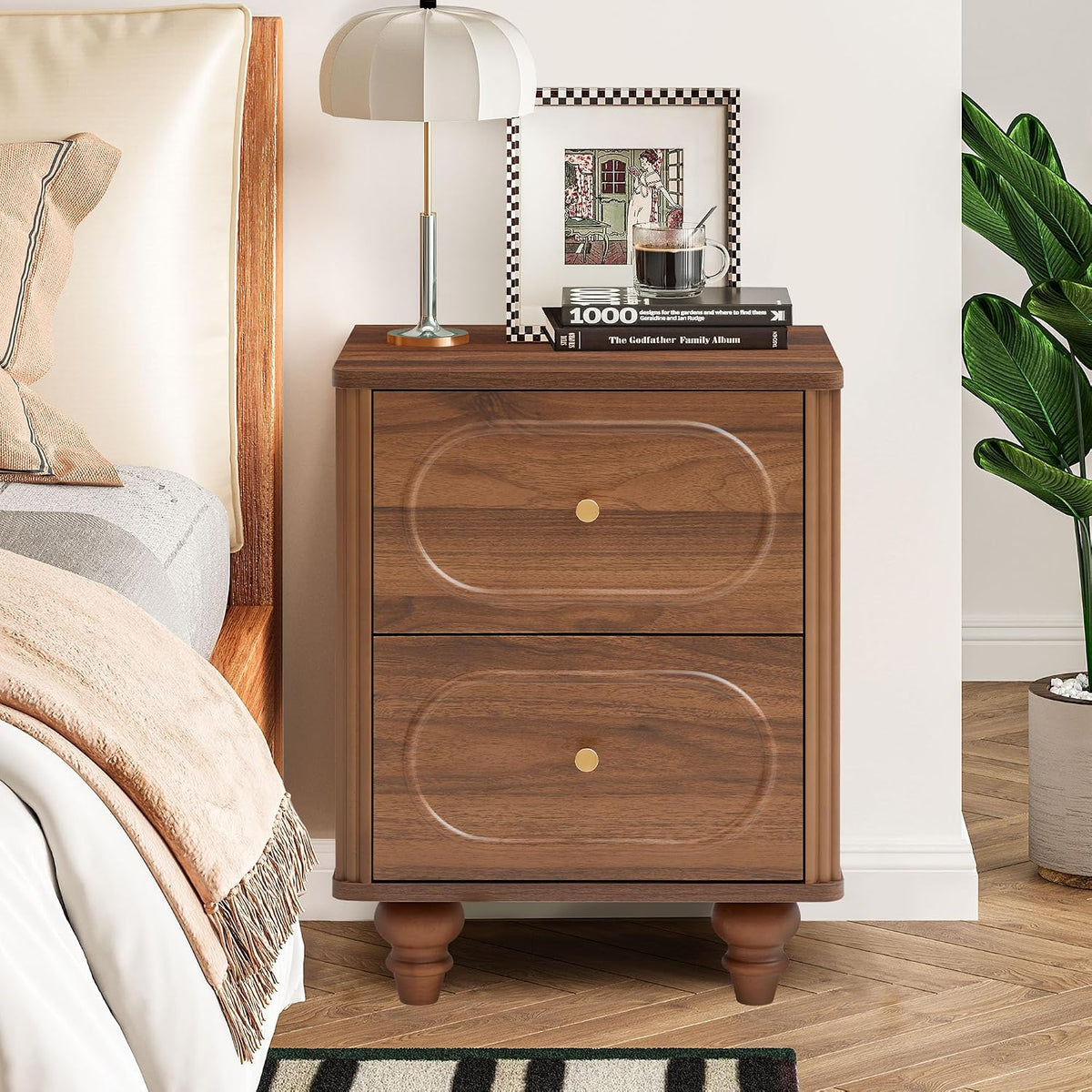 ORRD 2 Drawer Fluted Mini Small Dresser for Bedroom Set of 2, Mid Century Modern Nightstand Bedside End Table, Wood Storage Dresser Organizer for Bedroom Living Room, Walnut