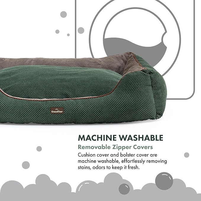 GRANDTIES Fluffy Dog Beds for Small Medium Large Dogs & Cats, Machine Washable Dog Bed, Rectangle Breathable Soft Calming Sleeping Warming Pet Beds with Waterproof & Non-Slip Bottom (XL 40", Olive)